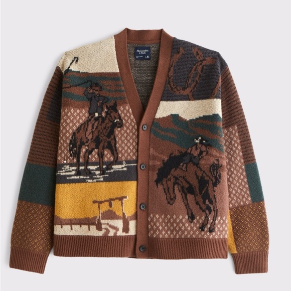 ABERCROMBIE FITCH Mens Sweater M XL WESTERN Cardigan Horses Rodeo Cowboys NWT